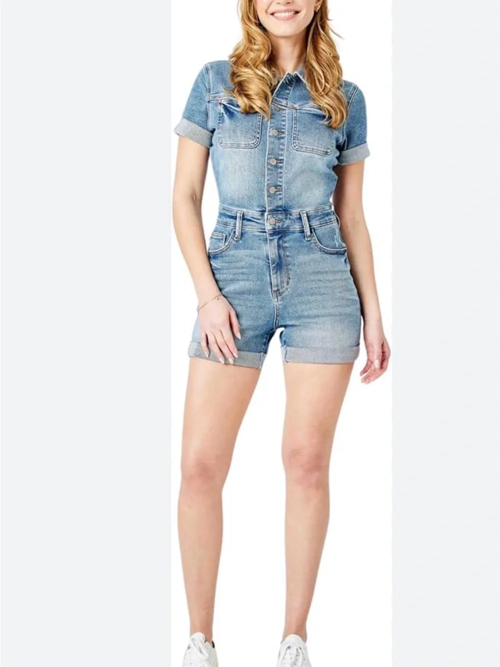 Judy Blue Romper Sz S Button-Up Short Sleeve High Rise - Picture 1 of 6
